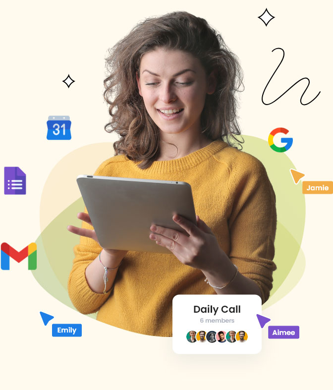 Una persona sentada con herramientas de Google como Gmail, Calendar o Forms.